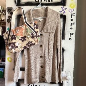 St. John's Bay Taupe Cable Knit Cardigan with a pretty bag